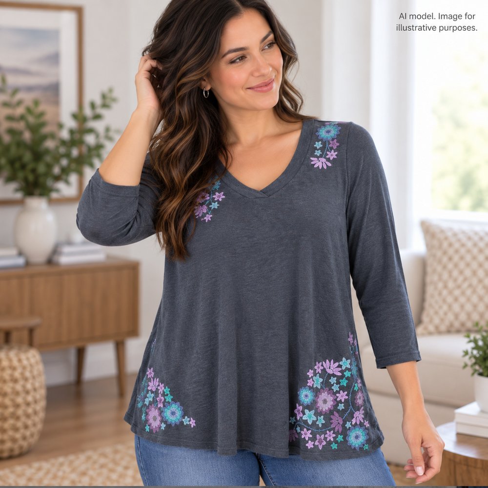 J Jill Shirt Women Medium Blue Floral Cross-stitch Longline Soft All Cotton Slub